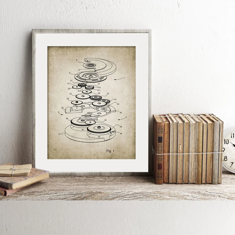 ساعة ذاتية الملء مطبوعة تخطيطية ساعة تصميم براءات الاختراع خمر ملصق ساعة صانع ساعة هدية الفن قماش اللوحة صورة ديكور