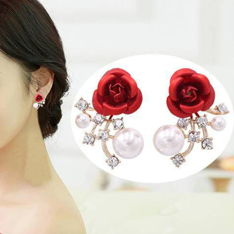 Fashion Red Rose Rhinestone Stud Earrings For Women Butterfly Angel Wings Pearl Flowers Earring Bride Wedding Engagement Jewelry