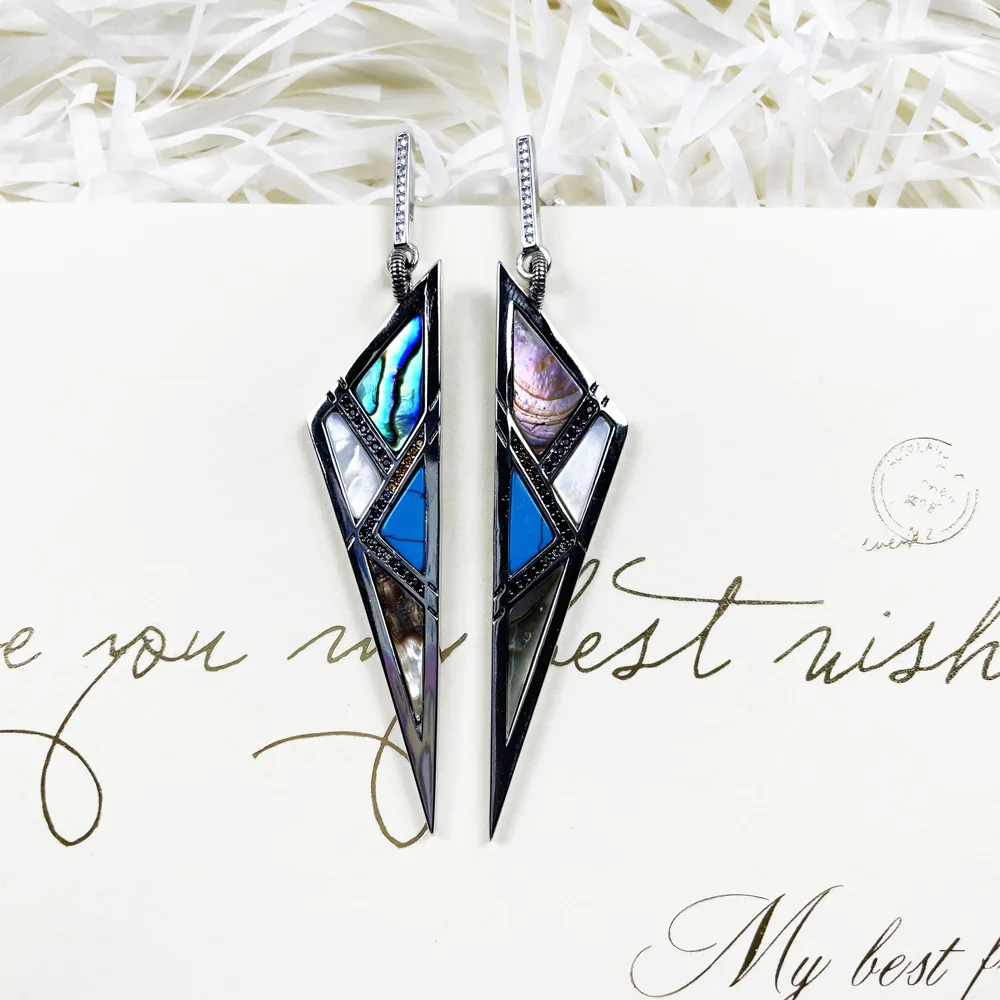 Earrings Triangle 925 Sterling Silver Fritillary Colorful Stones 2021 New Fine Women Jewelry American Ethnic Eardrop Bijoux Gift