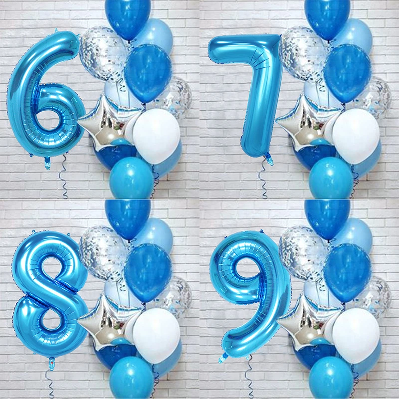 12Pcs/set Blue Number Foil Latex Balloons for Kids Birthday Party Decoration 1st One Year Birthday Boy Decor Baby Shower Balloon