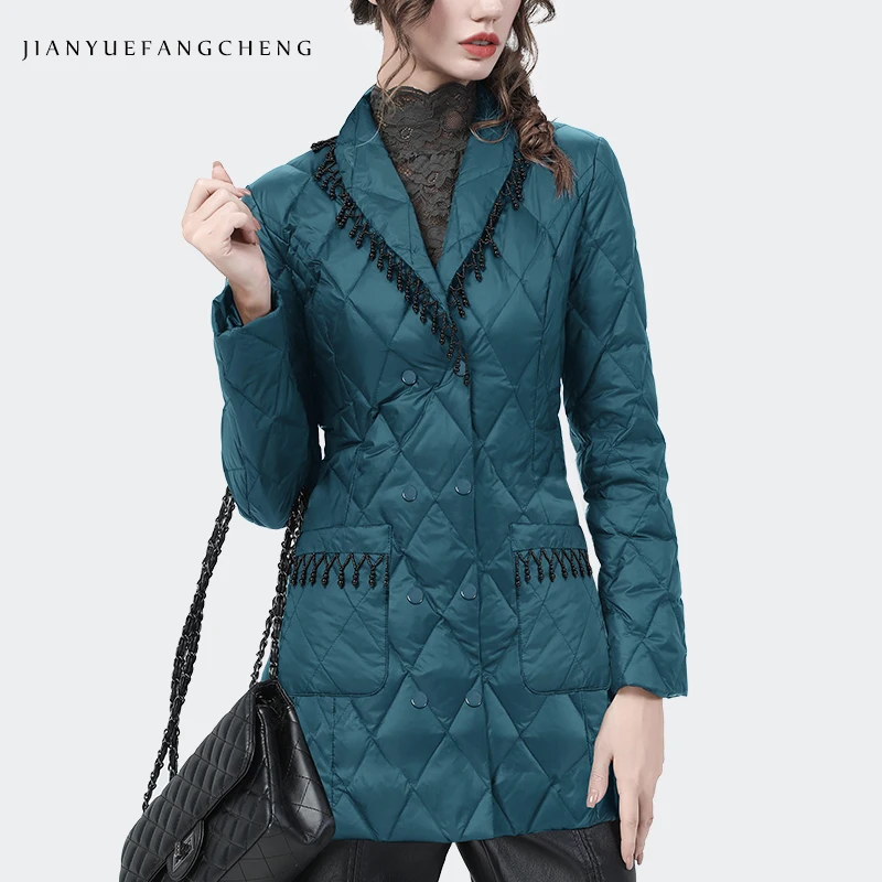 Fashion Suit Collar Women Winter Down Jacket Elegant Slim Warm Mid-Length White Duck Down Puffer Coat Casual Snow Ski Jackets