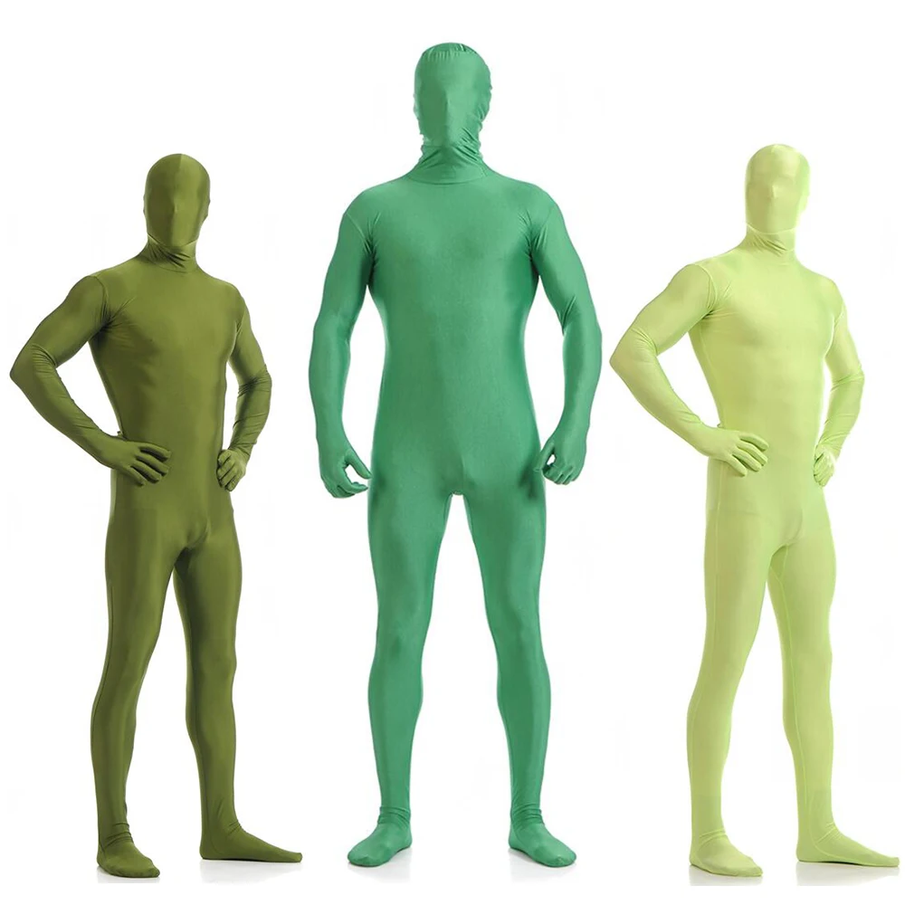 O envio gratuito de corpo inteiro zentai grama verde ternos apertados cor pura festa de halloween personalizado para olhos abertos boca adicionar virilha