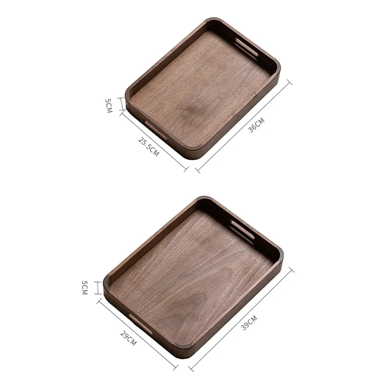 Solid Wood Handle Tray European Black Walnut Rectangle Pallet Wooden Fruit Snack Plate Home Hotel Service Plate Storage Tray