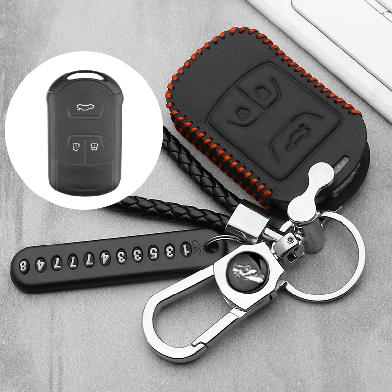 Leather Car Key Case Shell For Chery Tiggo 3 5 Chery ARRIZO 3 7 Chery E3 E5 Bonus 3 Buttons Smart Remote Fob Cover Keychain Bag