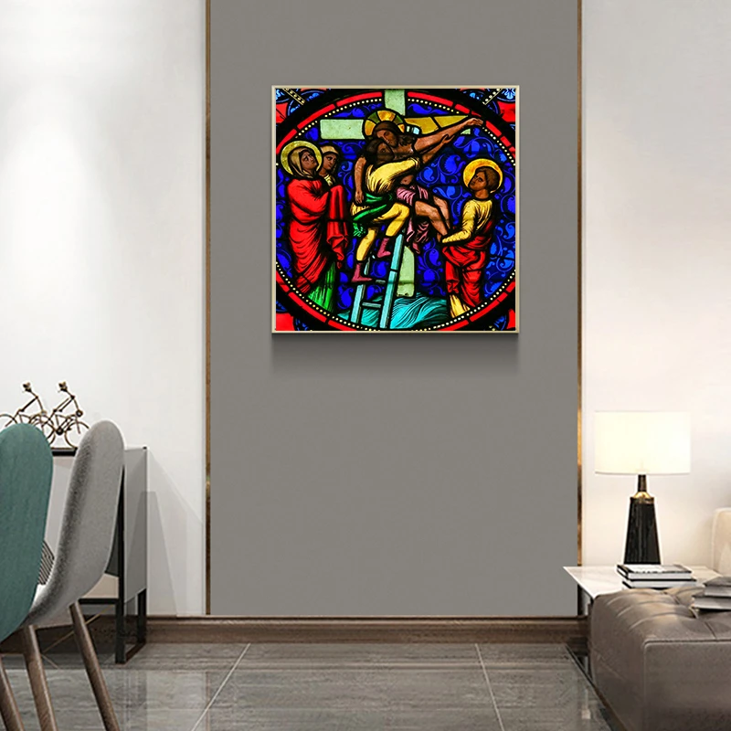 Stained Glass -Madonna with Child ,Window in The Cathedral of Depicting Jesus on Cross Bible Canvas Painting Posters and Prints