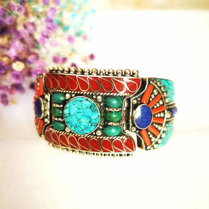 Fine Quality Vintage Dancing Open Cuff Copper Inlaid Colorful Stone Bangle Locket Nepal Vintage Jewelry for Girls BB-035