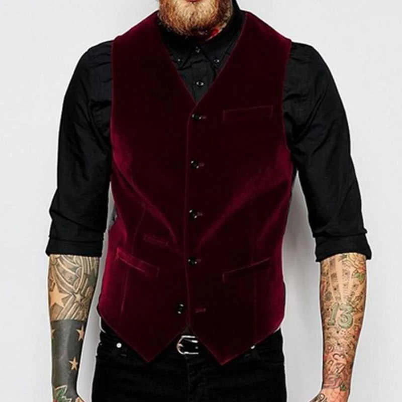 Burgundy Velvet Vest for Men Suit V Neck Single Breasted One Piece Casual Male Waistcoat New Fashion Coat