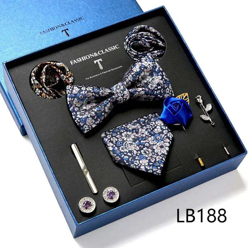 Hochwertige Geschenkbox für Feiertage, 7,5 cm, blaues Blumenmuster, Einstecktuch, Manschettenknöpfe, Krawattenclip, Krawatte für Herren, Geburtstagsgeschenk – Detail 26
