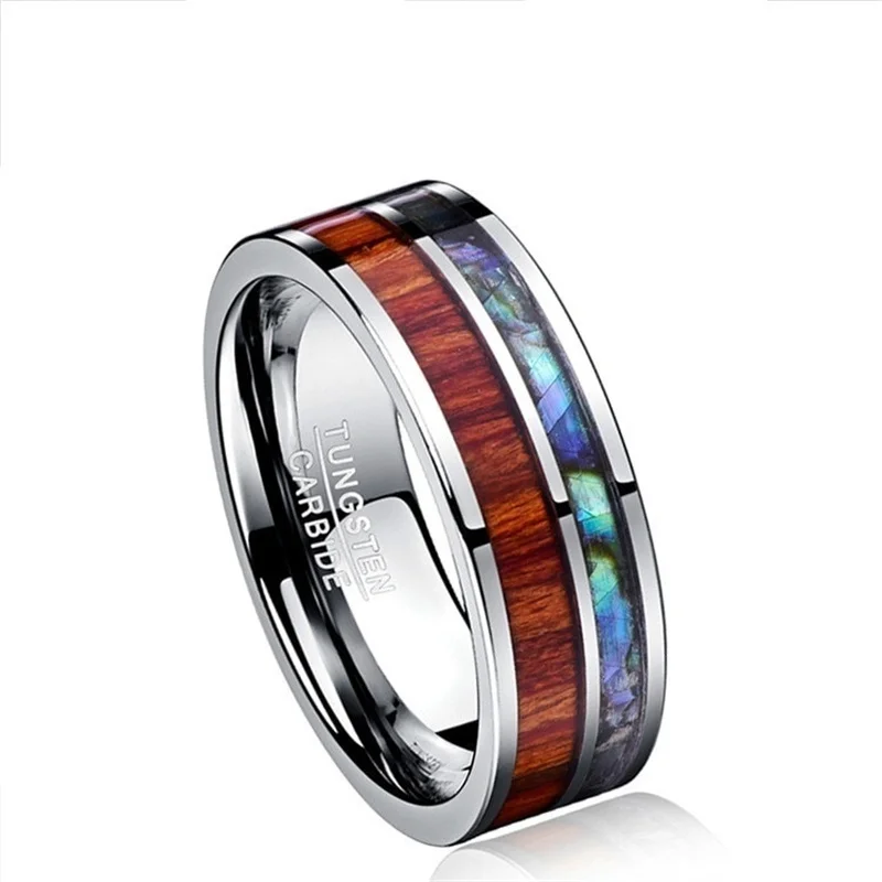 8MM Fashion Men Wood Abalone Shell Tungsten Carbide Rings Wedding Bands for Men Ring Jewelry Accessories