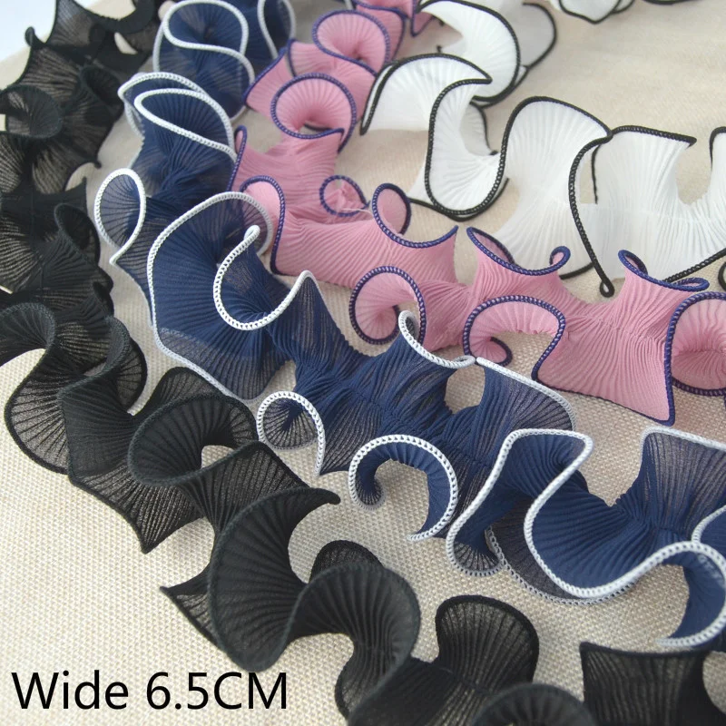 6.5CM Wide Luxury Pleated Chiffon Tulle Lace Ruffle Trim Ribbon Collar Neckline Cuffs 3D Applique Decorated DIY Sewing Fabric