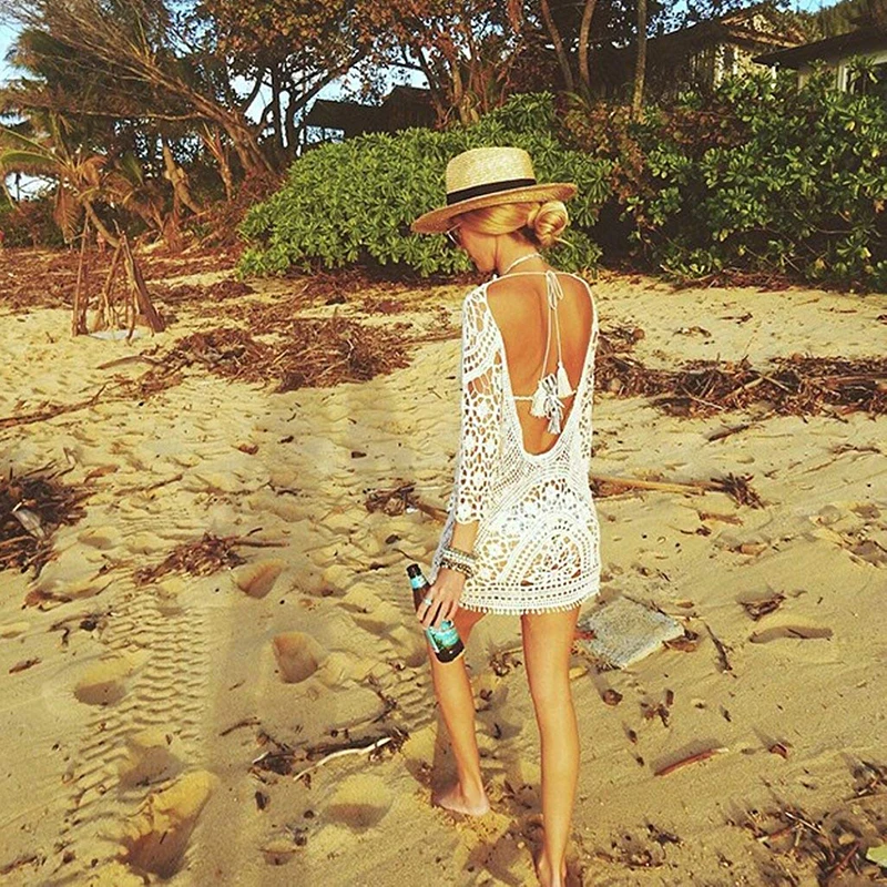 Traje de baño de encaje de ganchillo para mujer, traje de baño de punto, Vestido de playa de malla, Túnica, Bata