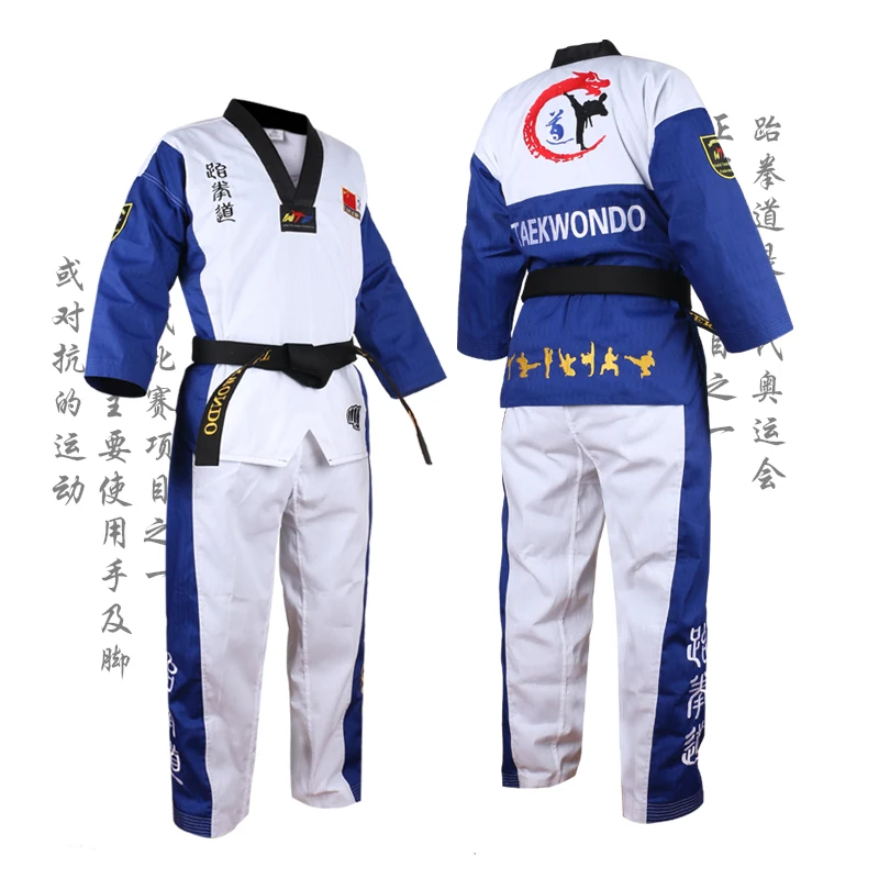 Wysokiej jakości czarny czerwony niebieski dorosłych dzieci Taekwondo TKD jednolite szkolenia Karate garnitury hafty mundury Poomsae Dobok WTF