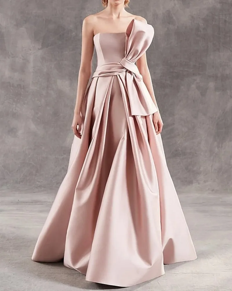 Elegant หมั้นสีชมพูอย่างเป็นทางการชุดราตรี Strapless Sleeveless ซาตินโบว์ Sash จัดเลี้ยงชุดราตรี Robe De Soriee