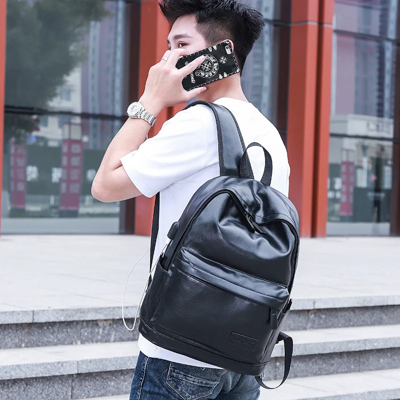 Men Leather Backpack USB Charging Anti-theft Large Boy Schoolbag Travel Bag School Backpack Black Bagpack