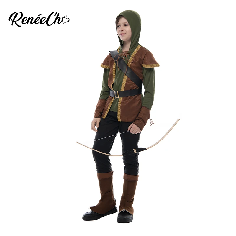 Reneecho Robin Hood Child Costume Boys Prince of Thieves Archer Costume Green Fancy Dress Halloween Costume Outfit