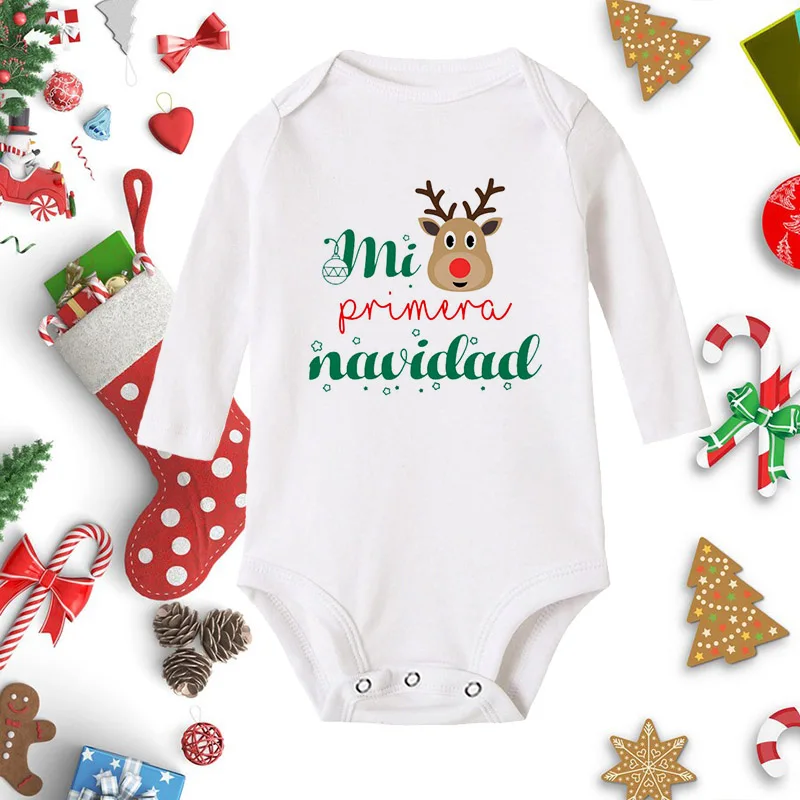 Mi 1ra Navidad Long Sleeve Baby Bodysuit Merry Christmas Santa Cute New Year Clothe My First Christmas Baby Jumpsuit Xmas Outfit