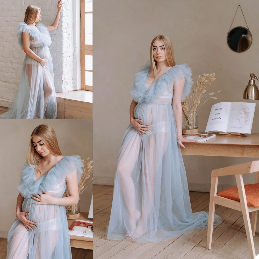 Elegant Illusion Tiered Ruffles Ladies Robes Nightgowns Photoshoot Women Sleepwear Bathrobe Sheer Custom Made Dress