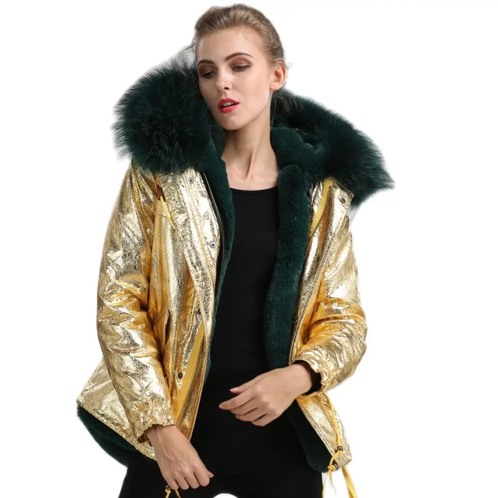 

Shiny And Sparkly Gold Parka Dark Green Faux Fur Women Winter Coat Warm Jacket Voguish