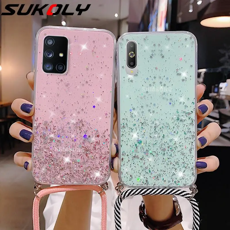 With Neck Strap Rope Cord Clear Glitter Case For Samsung S24 S22 S23 Ultra S21 S20 FE S23 Plus A54 A52 A53 A14 5G A51 