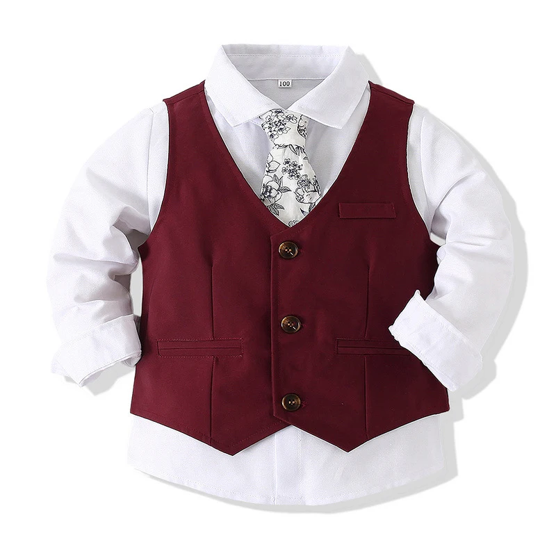 Kids Boy Gentleman Clothing Set Long Sleeve Tie Shirt + Waistcoat + Pants Toddler Boy Formal Outfits Wedding Party Dress Outfits