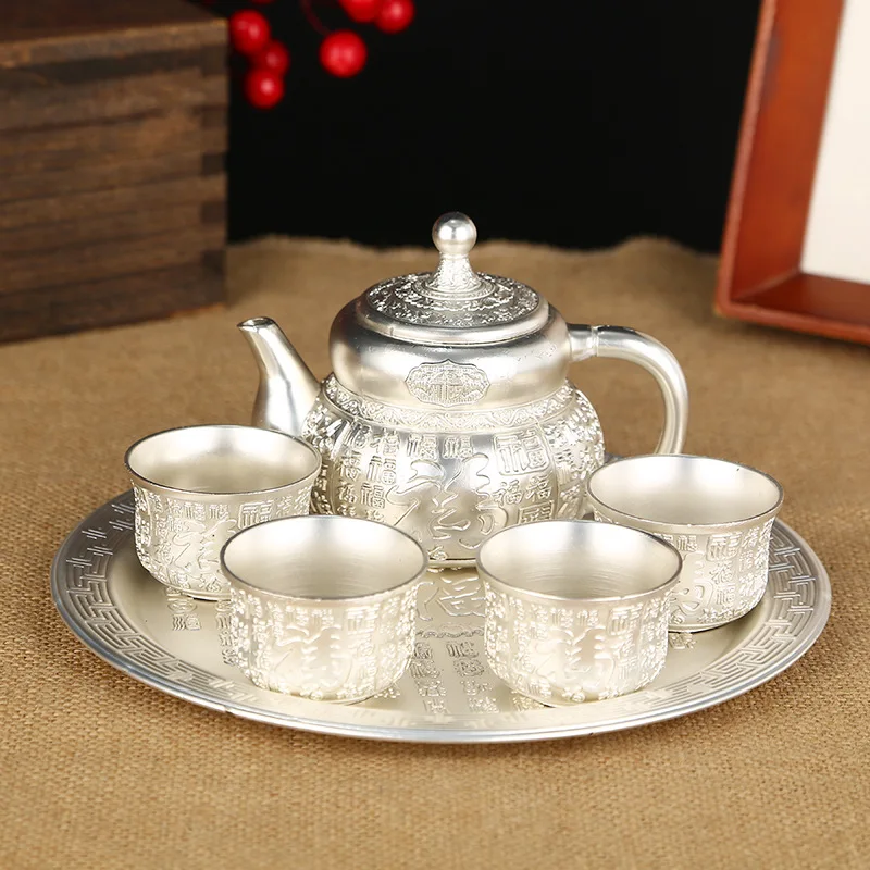 Silver white Baifu Chinese tea set set 1 tray 1 pot 4 cups European tea cup retro bubble teapot gift