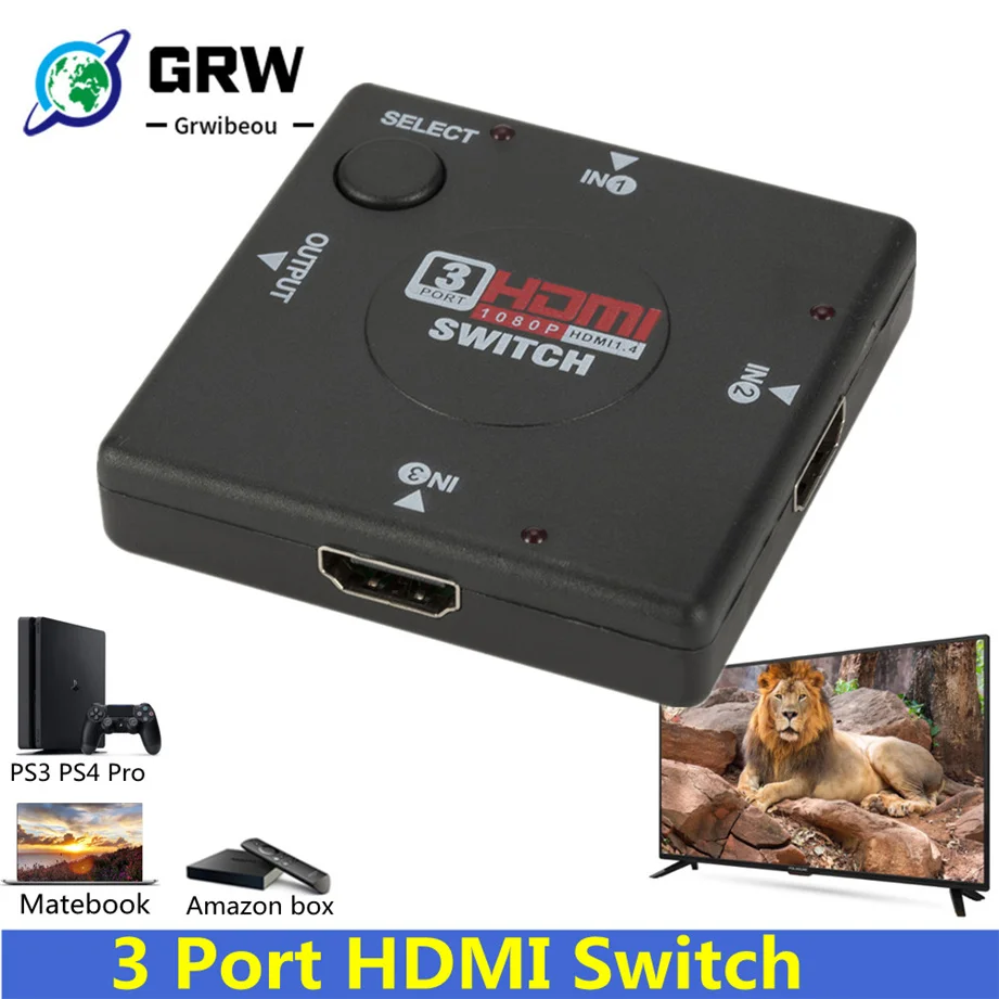 Grwibe HD 3 wejście 1 wyjście Mini 3-portowy przełącznik HDMI żeński do żeńskiego przejsciówka selektor Box dla HDTV 1080P przełącznik wideo