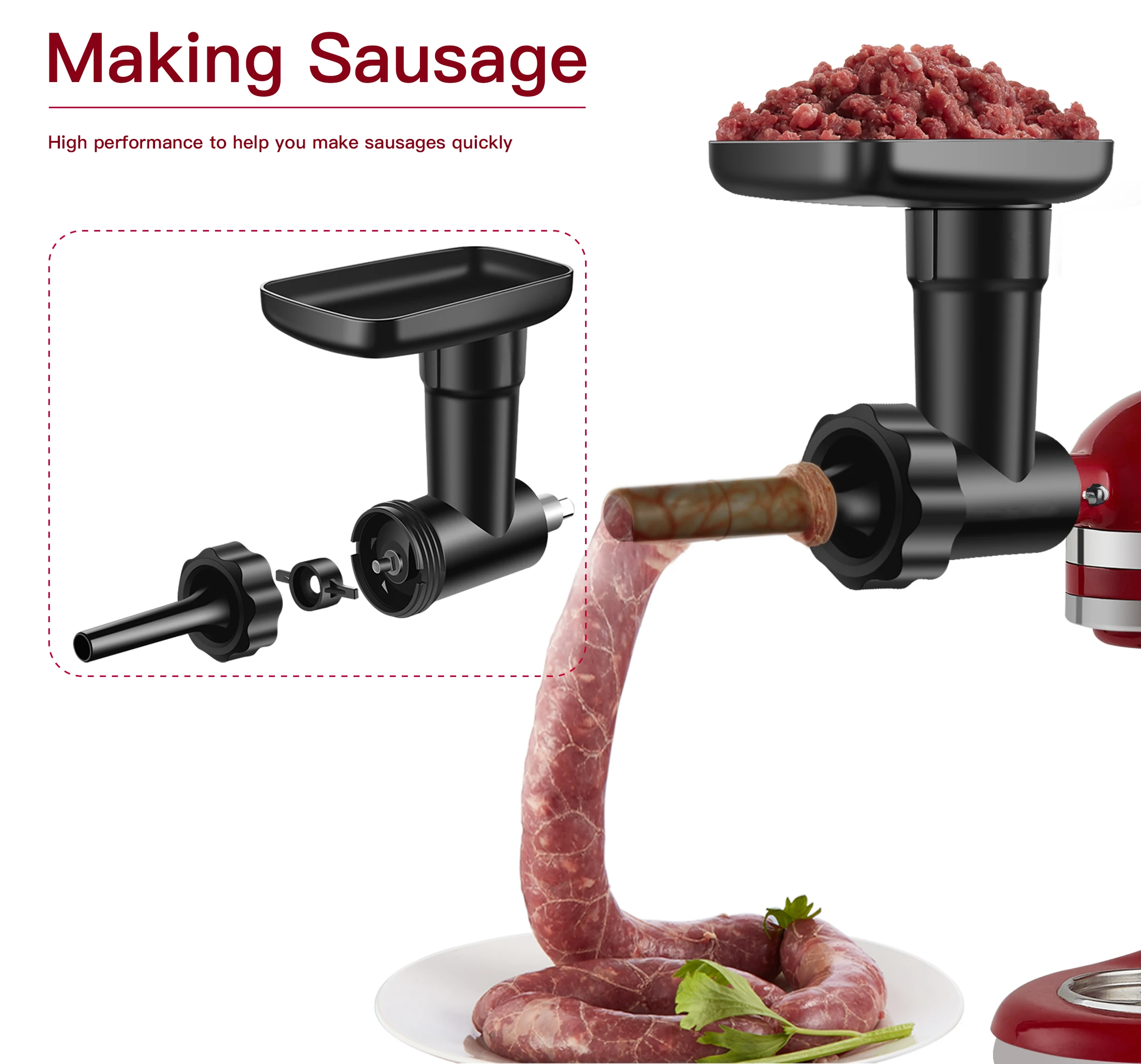 2024 new high quality Food Meat Grind Attachment Accessory for KitchenAid Stand Mixer- Included 2 Sausage Filler Tubes