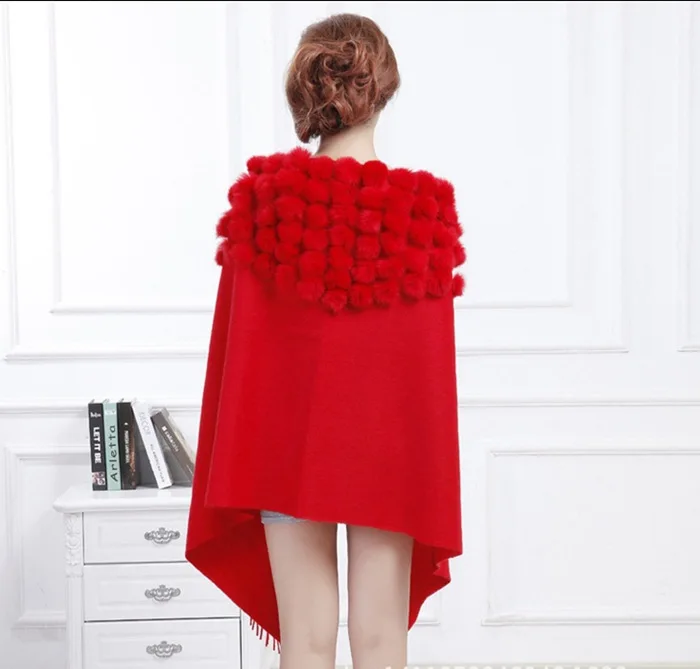 20 Colors Triangle Real Rabbit Fur Ball Shawl Wraps Winter Women Cashmere Tassel Cape Pompon Cloak Lady Mum Gift Casaco Feminino
