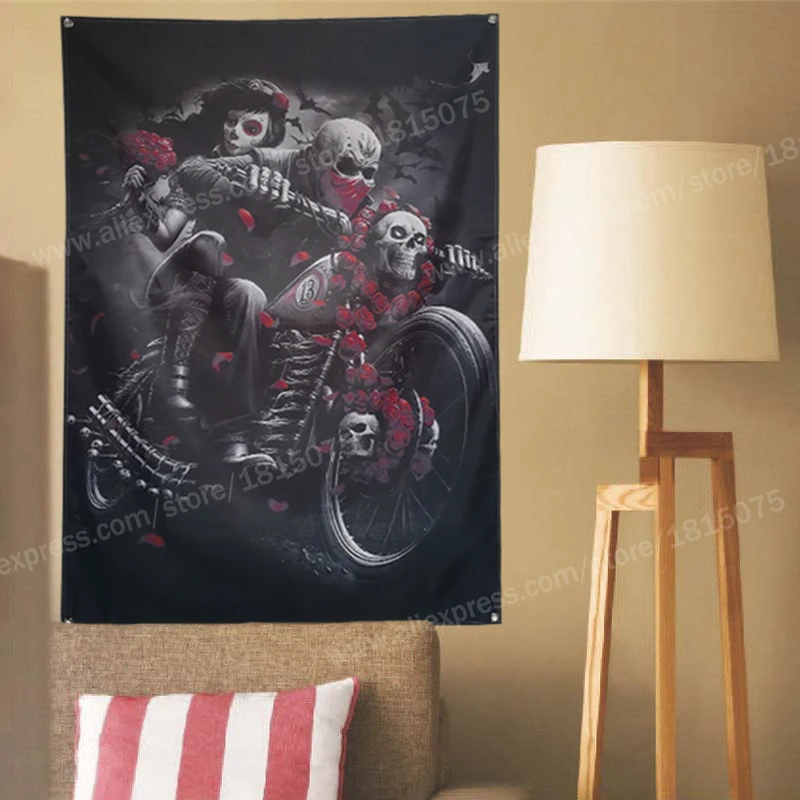 Skull Tattoo Motorcycle Biker Roses Flag Banner Sexy lady Beauty Art Home Decoration Hanging 4 Gromments in Corners 3*5FT