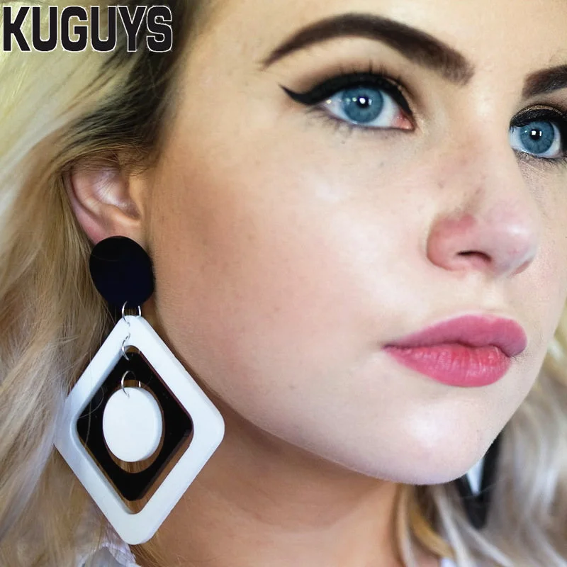 KUGUYS Classic Black White Square Round Drop Earrings for Women Fashion Trendy Acrylic Jewelry Dangle Summer Beach Accessories