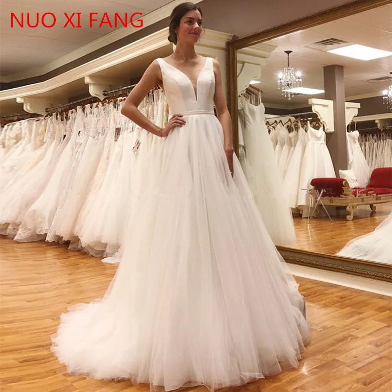 Giá Rẻ Chữ A Đầm Vestido De Noiva Cổ Chữ V Váy Áo Đơn Giản Voan Cô Dâu Đầm Hở Lưng Áo Cưới Áo Dây De Mariee 2022