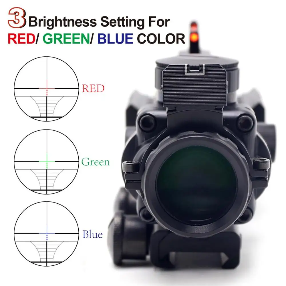 Imagem -02 - Tricock 4x32 Mira de Rifle Óptica de Potência Fixa com Visão de Rifle Tático de Fibra e Entalhes de Tecelão-vermelho Verde Iluminação Azul