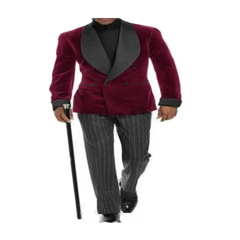 

2021 Burgundy Double Breasted Blazer Grey Stripe Pant Men Suits For Wedding Slim Fit Male Dress Bridegroom Formal Groom Suits