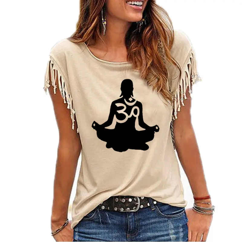 Womens Short sleeve Om Aum Silhouette print T-shirt Summer Fashion clothing t shirt women's  Cotton Tassel Casual T-shirt