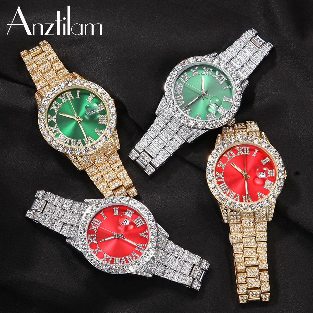 

42mm Hip Hop Iced Out Big Red Dial Military Quartz Clock Men Watch Bling Rhinestone Wrist Watches for Men’s Luxury Watch Jewelry
