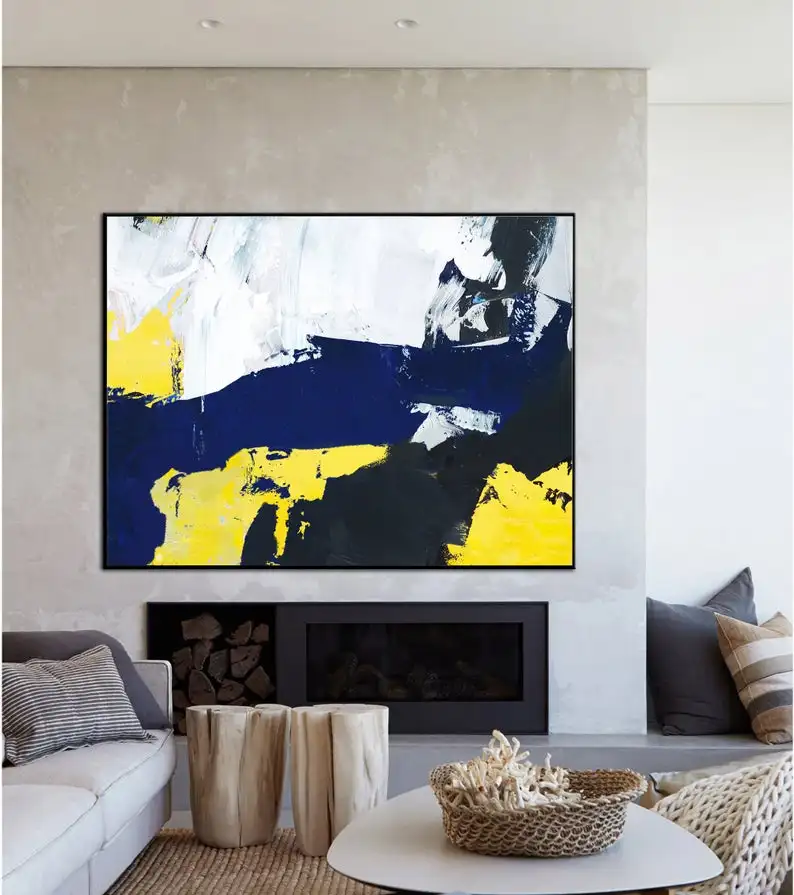 Abstract Art Canvas Painting Large Blue Abstract Painting, Black White Abstract Painting Yellow Abstract Painting Great Wall Art