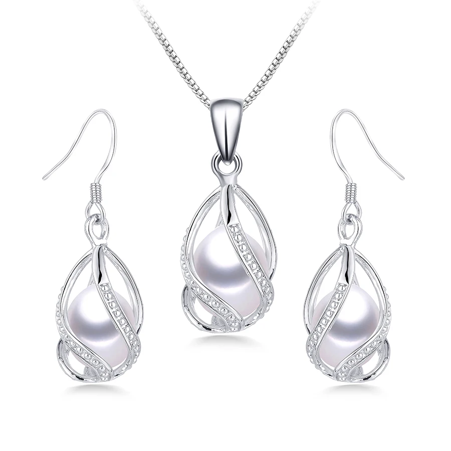 

Dainashi Real Natural Freshwater Peal In Cage Jewelry Set For Women,Drop Shape, 8-9mm White/Pink/Purple/Black Earrings&Pendant