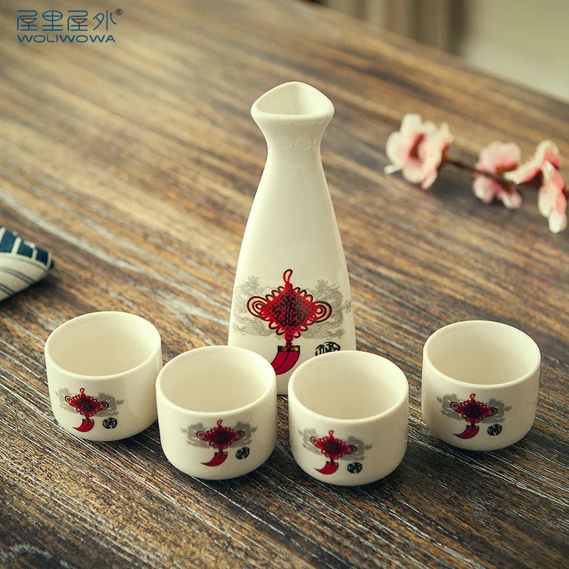 

Chinese knot liquor wine set yellow wine jug dispenser household antique ceramic wine cup drinkware Japanese style wood tray