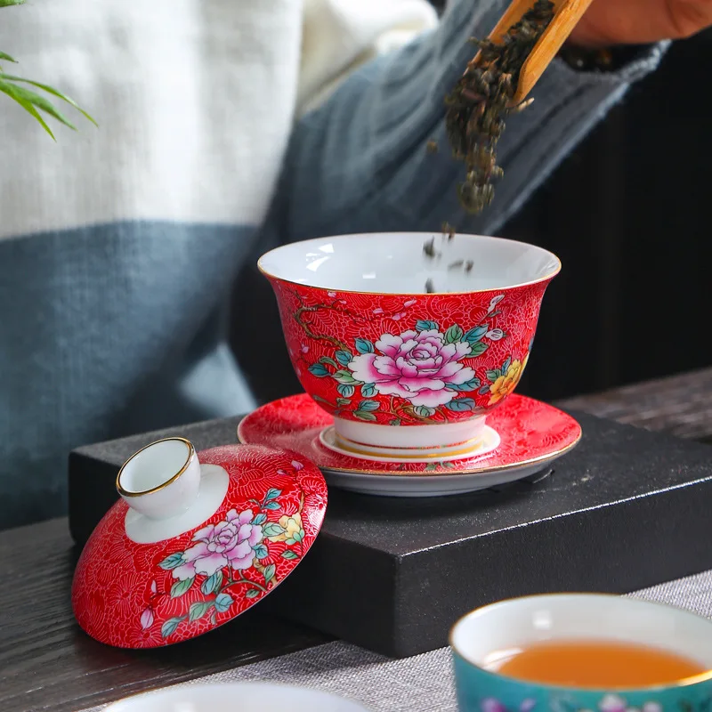 HMLOVE Color Enamel Gaiwan White Porcelain Cover Bowl Kung Fu Tea Set Handpainted Peony Flower Tureen Travel Teaware Gift 150ML