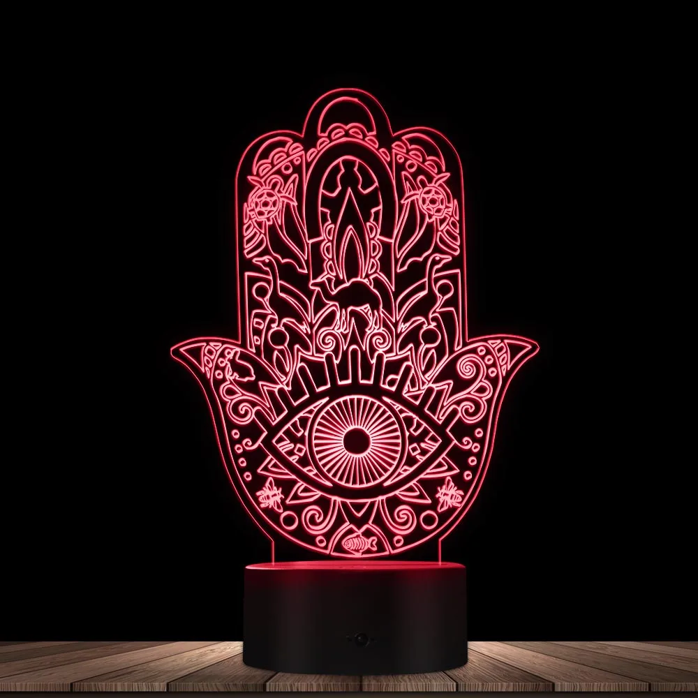 Hamsa With Boho Pattern Novelty Lighting Buddhas Hand Mandala Hamsa Symbol Optical illusion Light Buddhism Decorative Desk Lamp