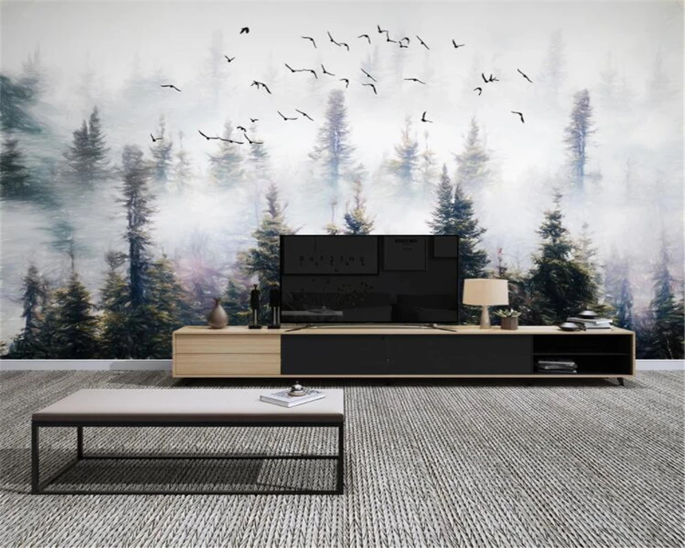 

Custom wallpaper hand-painted pine forest cloud bird wallpaper background wall painting home decoration 3d wallpaper