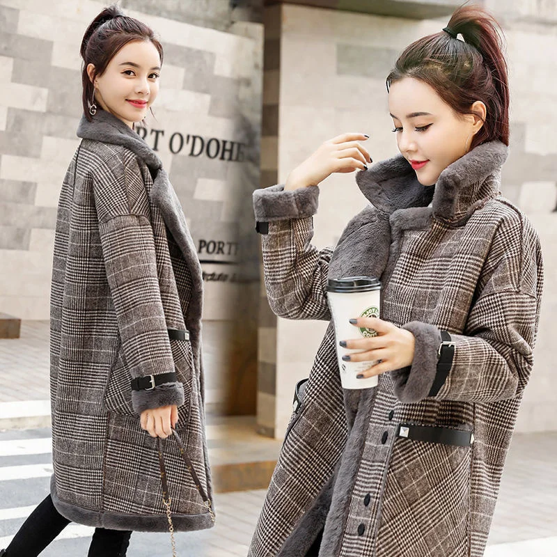 Plaid Faux Leather Fur Parka Coat Women 2021 Autumn Winter New Lamb Fur Female Overcoat Add Velvet To Keep Warm Outerwear