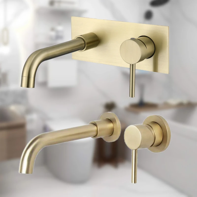 Brushed Gold Wall Mounted Bathroom Basin Faucet Hot and Cold Mixer SUS 304 Stainless Steel Tap Square and Round Plate