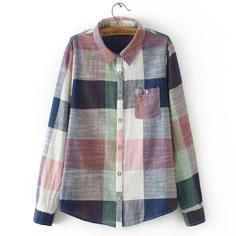 2020 Casual Plaid Women Blouses Kimono Vintage Linen Cotton Long Sleeve Blouse Female Shirts Tops Camisa Feminina Chemise Femme