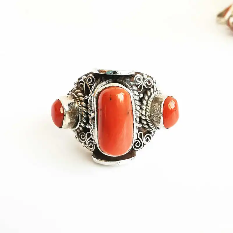 Nepal Hand 925 Sterling Silver Inlaid Bamboo Coral Lovely Rings for Girls Vintage Jewelry T9047