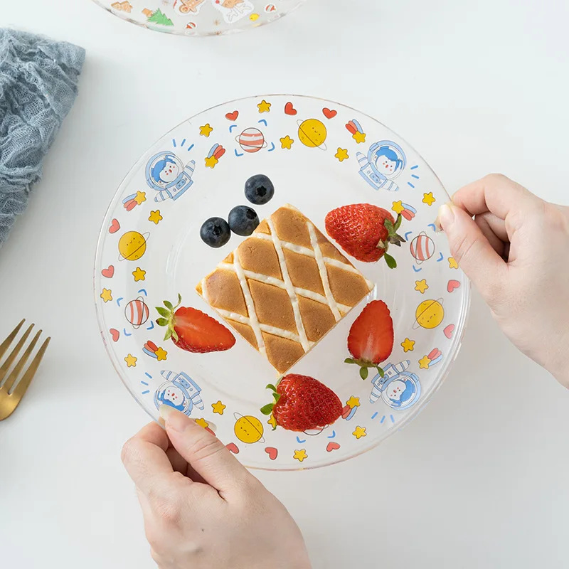 Glass Plate Transparent Heat-resistant Ins Wind Creative Dish Plate Household Fruit Salad Breakfast Snack Plate Bread Plate