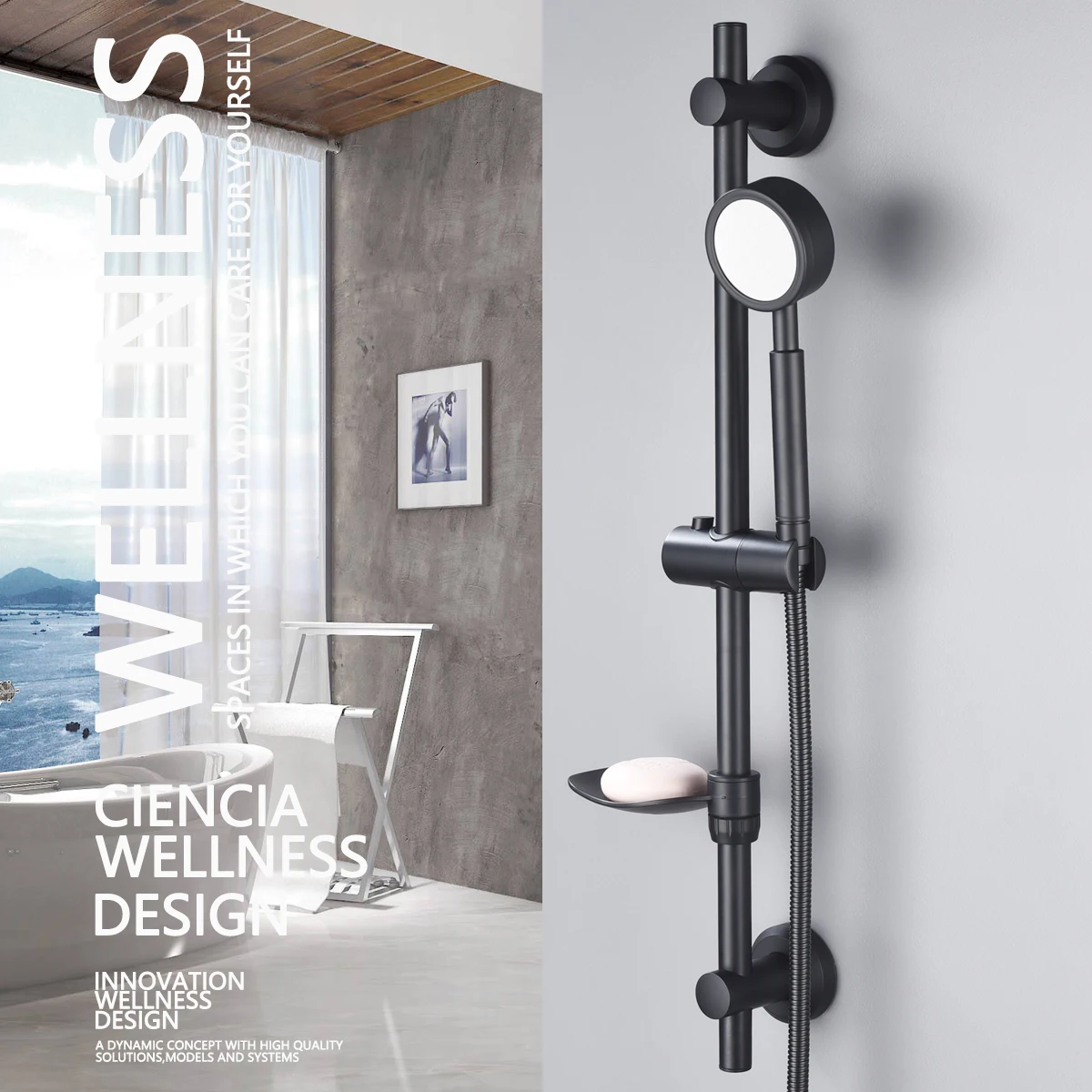 Ciencia Stainless Steel Chrome Adhesive Sliding bar with Adjustable Height Hand Held Shower and Soap Dish For Bathroom