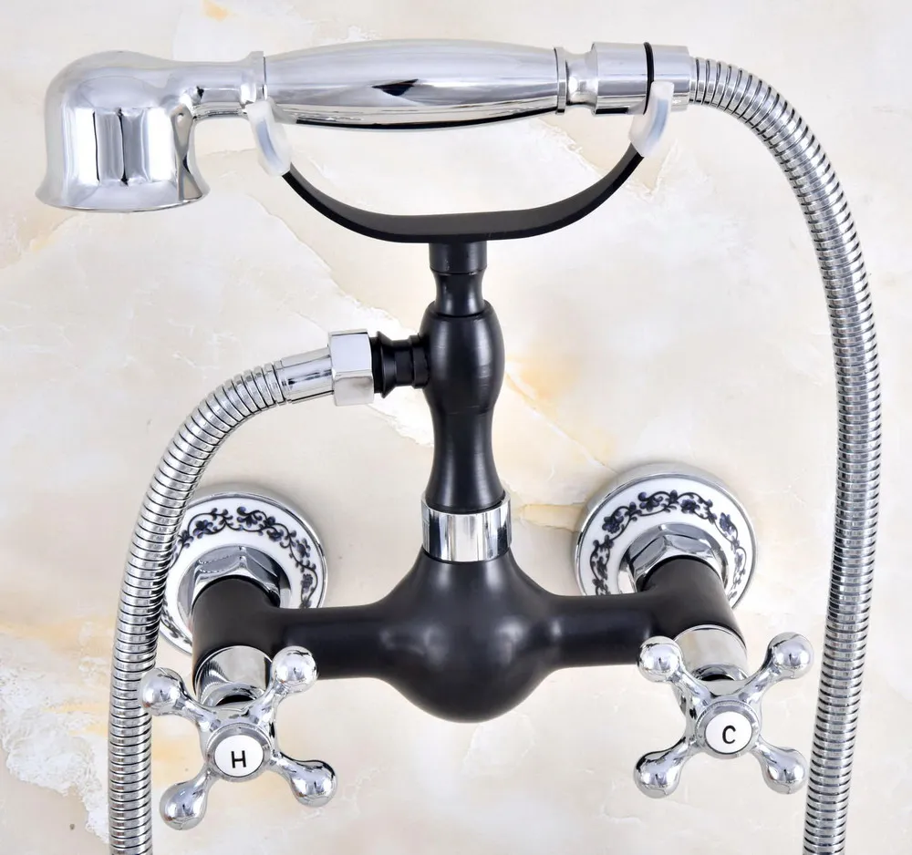 

Black Oil Rubbed & Polished Silver Brass Wall Mounted Bathtub Faucet with Handheld Shower Set +150CM Hose Mixer Tap 2na613