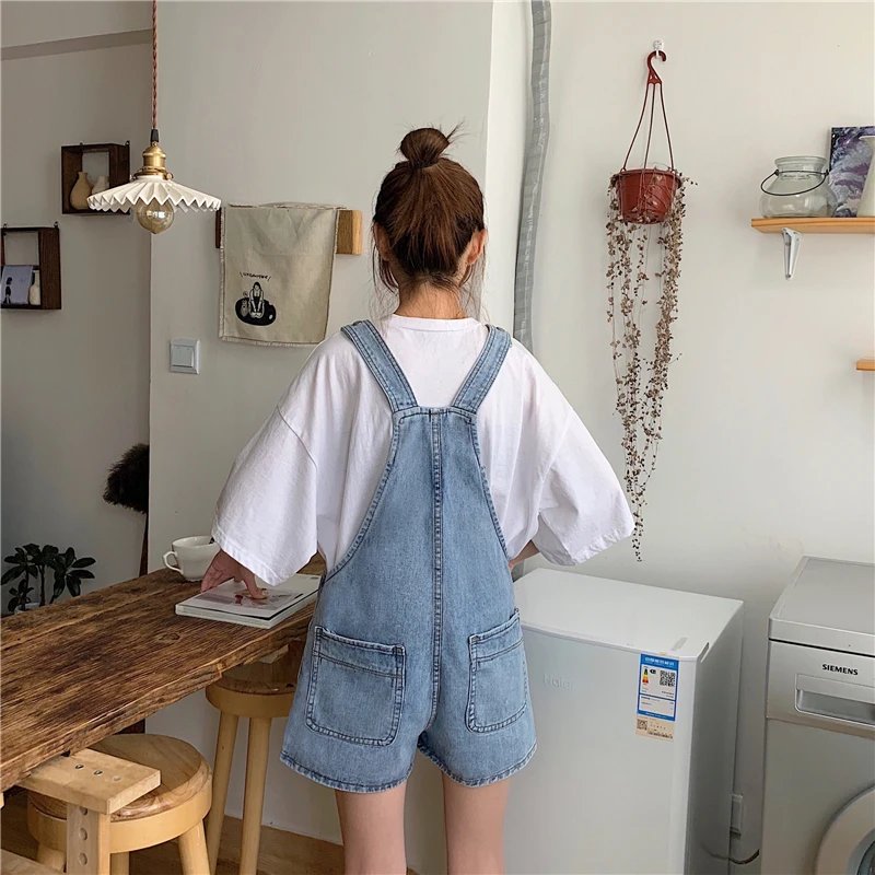 Mùa Hè Cao Cấp Quần Short Denim Nữ Áo Liền Quần Retro Hàn Quốc Tumblr Quần Jumpsuit Liền Quần Nữ Dáng Rộng Denim Treo Áo