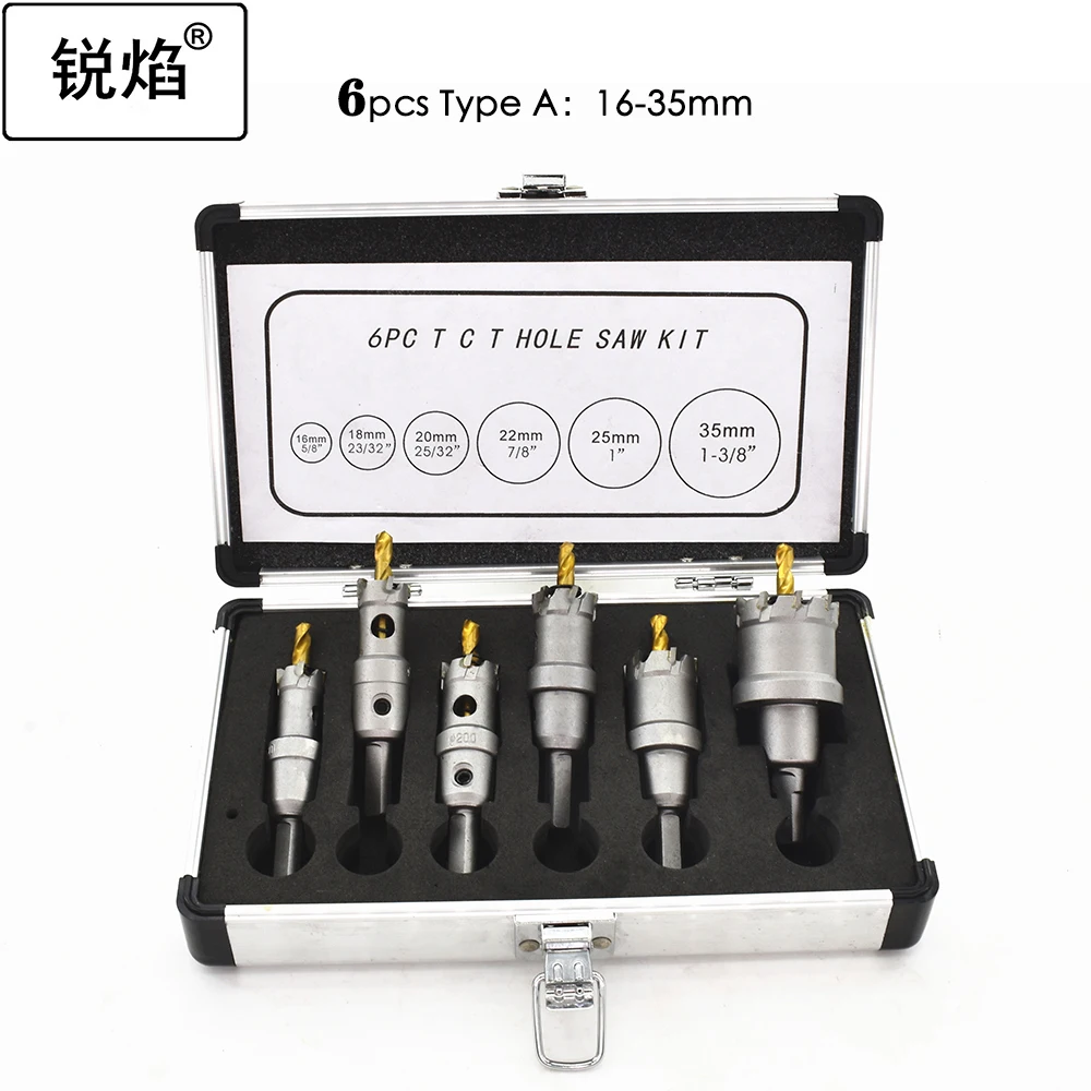 Coroa de perfuração para Metal TCT Hole Saw, carboneto, aço inoxidável, broca de núcleo grossa chapeada, 6pcs, 10pcs set, 16-65mm